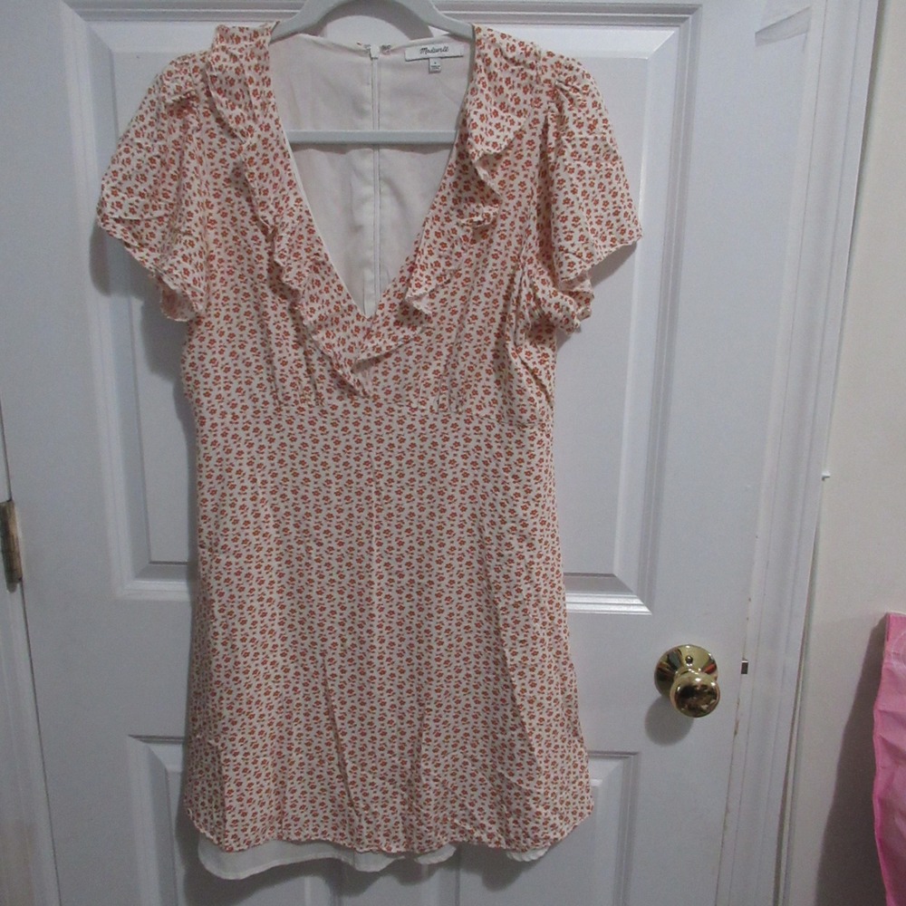 Madewell Mini Dress Womens 6 Rust White Floral Ruffle V-Neck